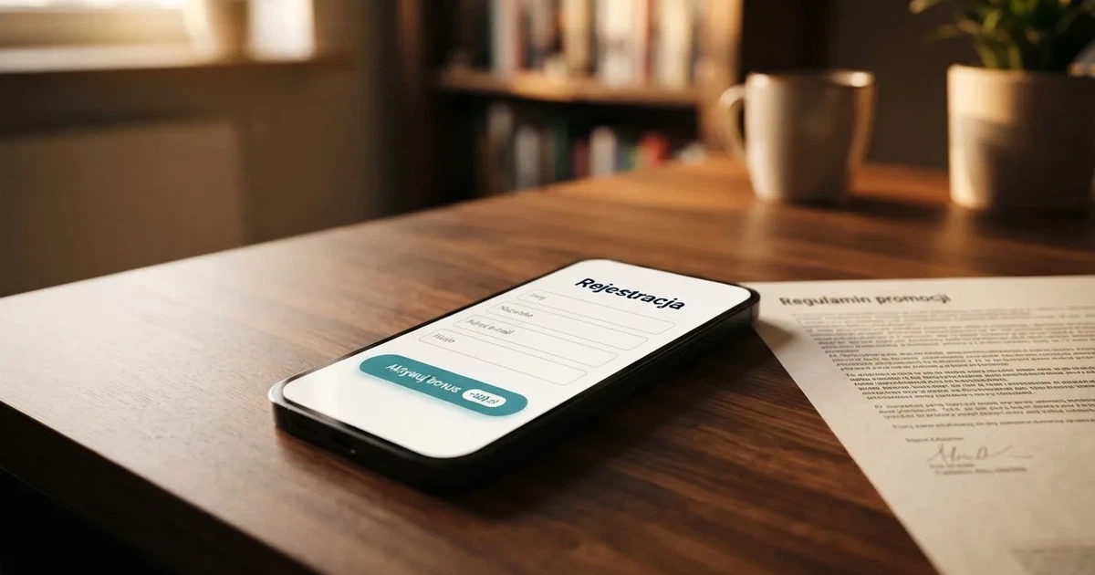 Smartfon z formularzem zakładania konta gracza i zakładką aktywacji środków bonusowych w sekcji konta