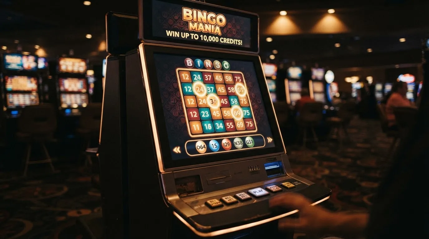 Ekran automatu do gry z kolorową planszą w stylu bingo i podświetlonymi liczbami