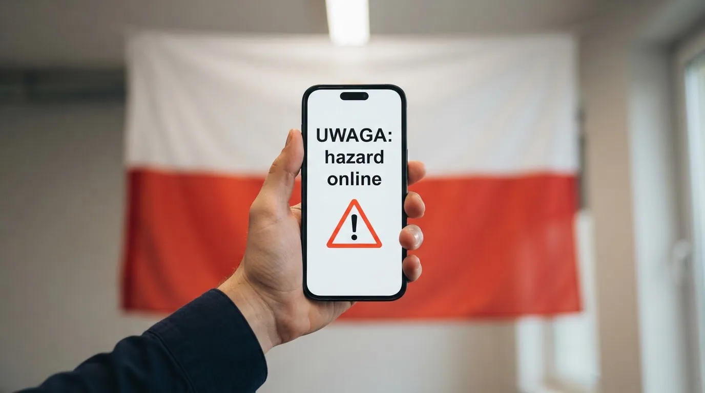 Dłoń trzymająca telefon z widocznym komunikatem ostrzegawczym o legalności hazardu online na tle biało-czerwonej flagi Polski.