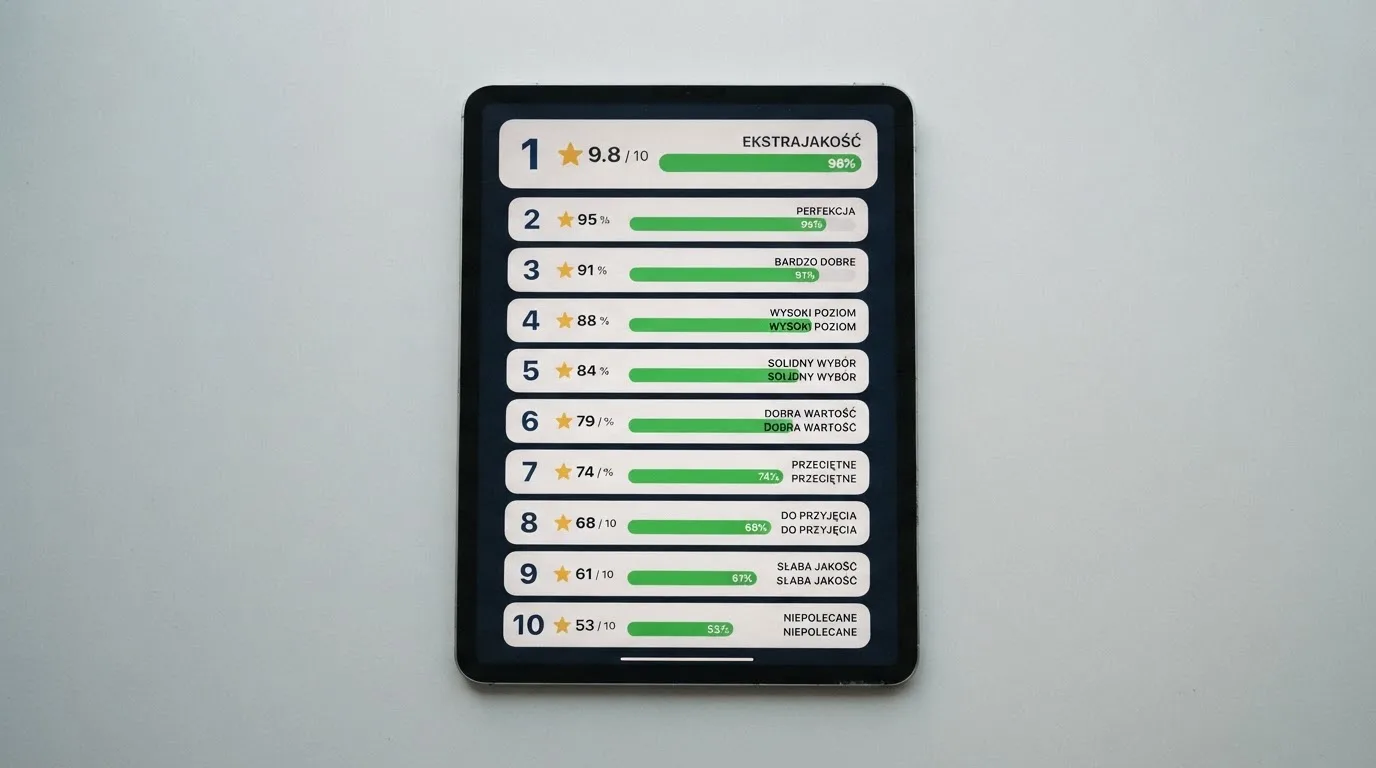 Ranking dziesięciu kart operatorów online ułożonych od najwyżej do najniżej ocenionego na ekranie tabletu.