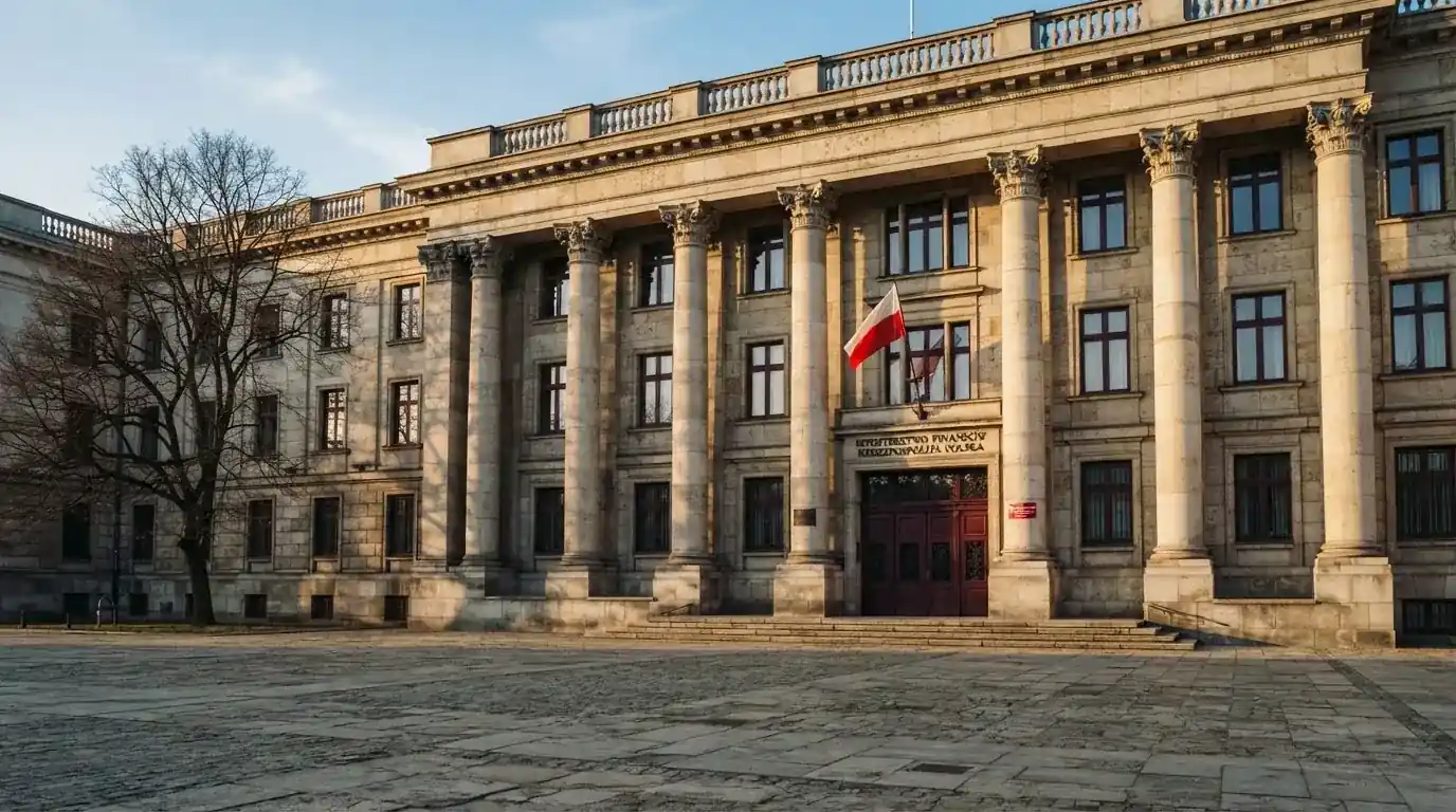 Fasada budynku instytucji państwowej z flagą Polski, symbol nadzoru regulatora nad rynkiem gier hazardowych