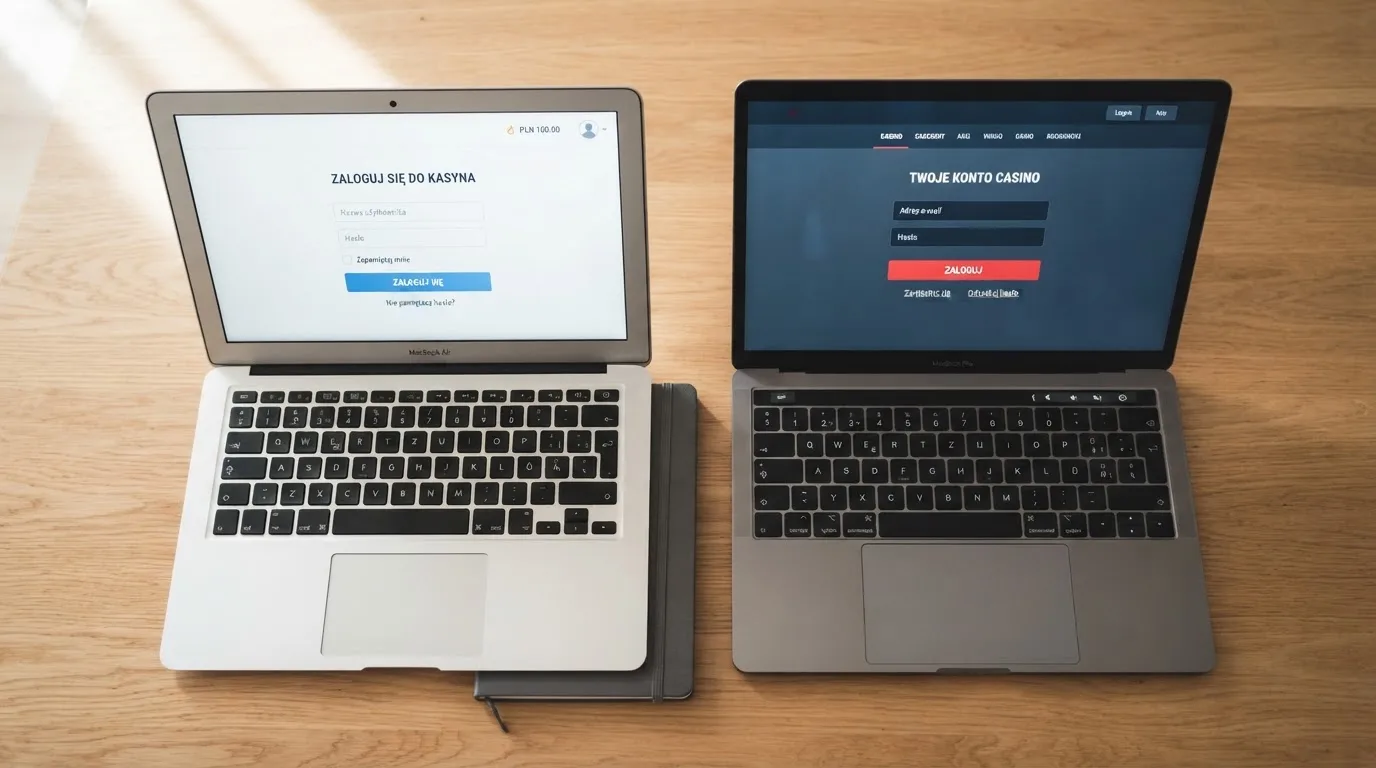 Dwa ekrany logowania kasyna online obok siebie na biurku, jeden z polskim interfejsem złotówkowym, symbolizujące porównanie dwóch różnych serwisów