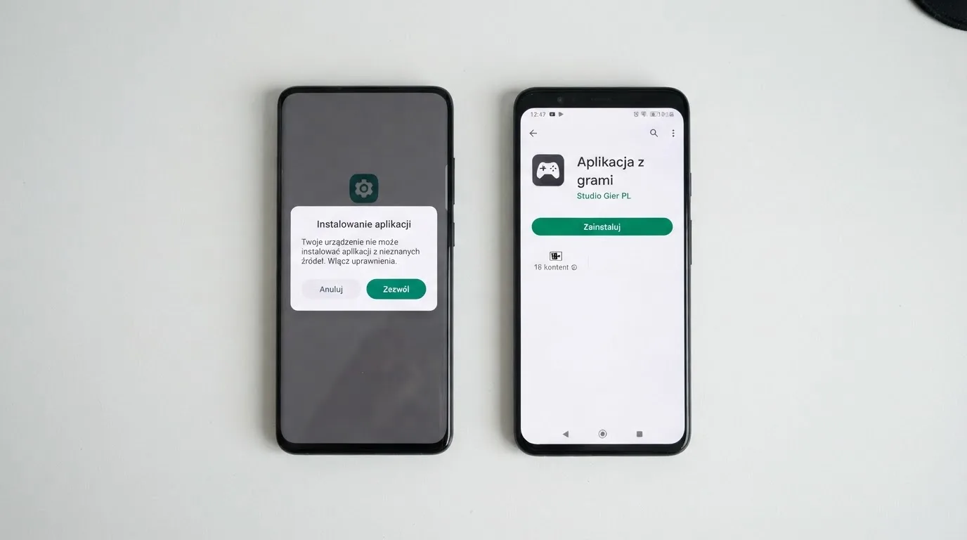 Dwa telefony obok siebie: na jednym komunikat zgody na instalację pliku APK z nieznanego źródła, na drugim strona aplikacji w sklepie z przyciskiem pobierania