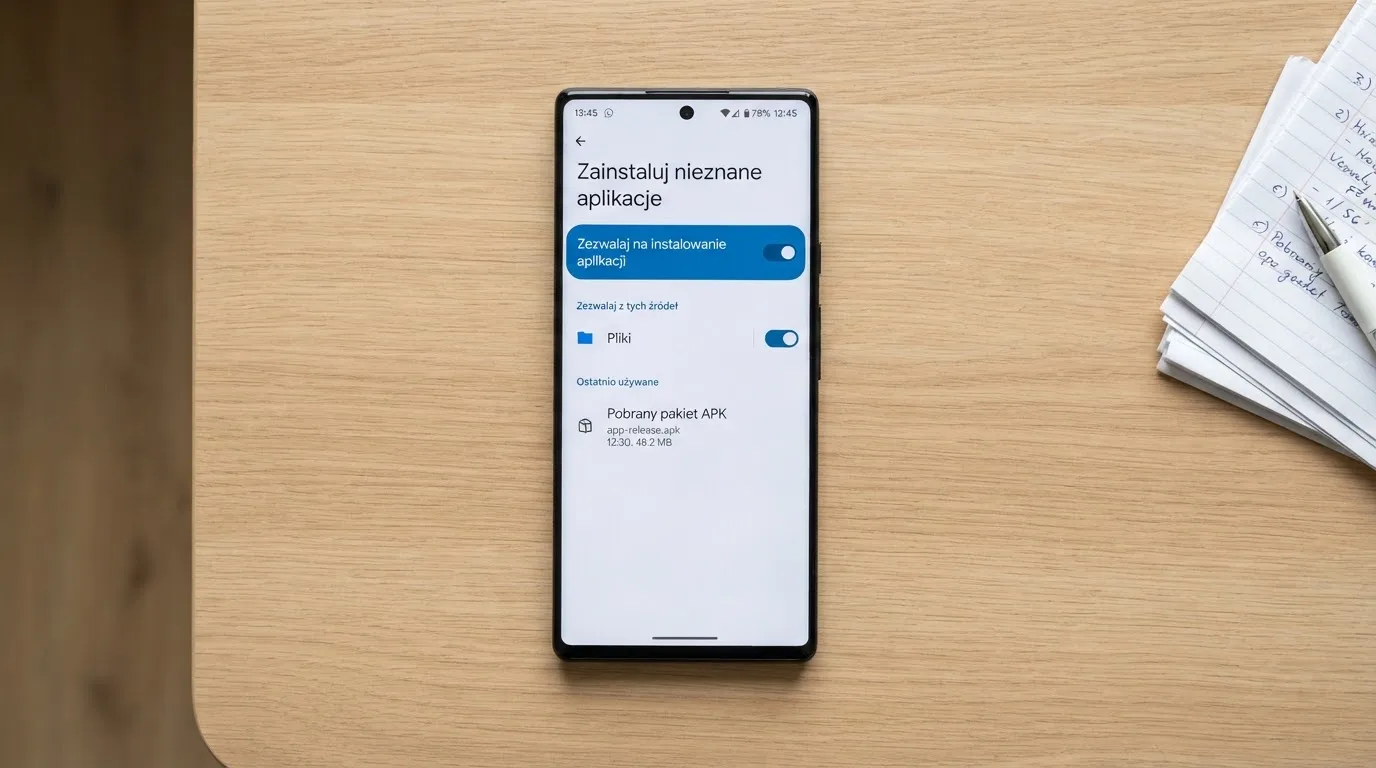 Ekran ustawień Androida z przełącznikiem zgody na instalację aplikacji z nieznanego źródła i pobranym plikiem instalacyjnym na liście