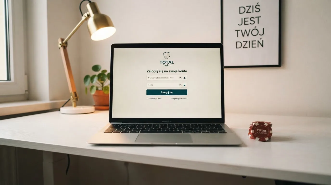 Strona logowania oficjalnej platformy Total Casino na ekranie laptopa, jedynego legalnego kasyna online w Polsce