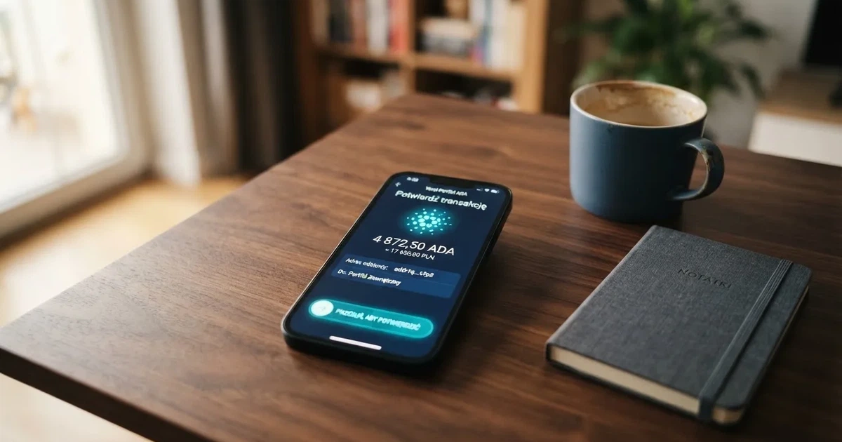 Ekran aplikacji portfela kryptowalutowego w trakcie wysyłania przelewu w sieci Cardano (ADA)