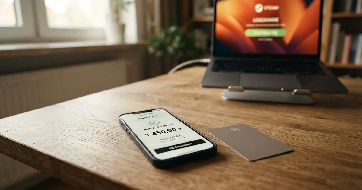 Ekran aplikacji bankowej na smartfonie leżącym obok karty płatniczej i otwartego na laptopie ekranu logowania do serwisu gier online