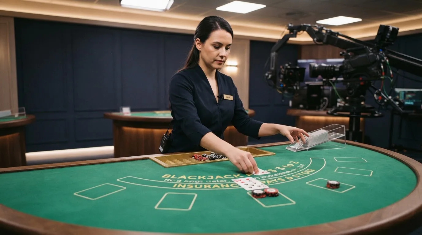 Krupier rozdający karty przy stole blackjacka podczas transmisji na żywo