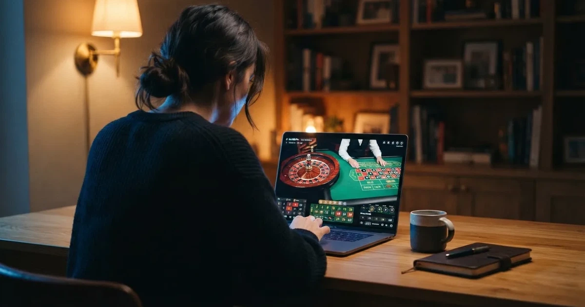 Gracz przy laptopie czyta krótkie wyjaśnienie, czym jest kasyno na żywo