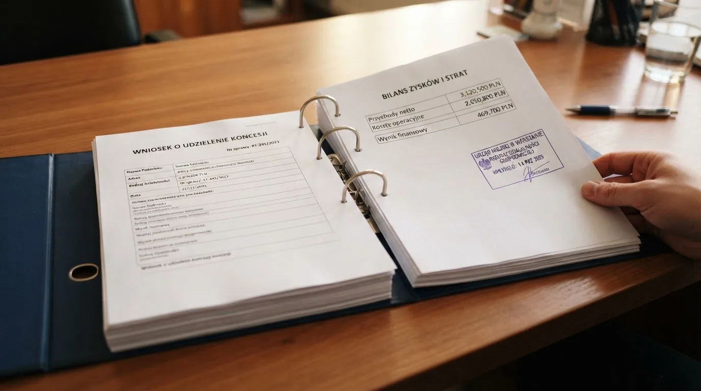 Segregator z wnioskiem o koncesję na kasyno gry, wydrukiem sprawozdania finansowego i urzędową pieczątką leżący na biurku