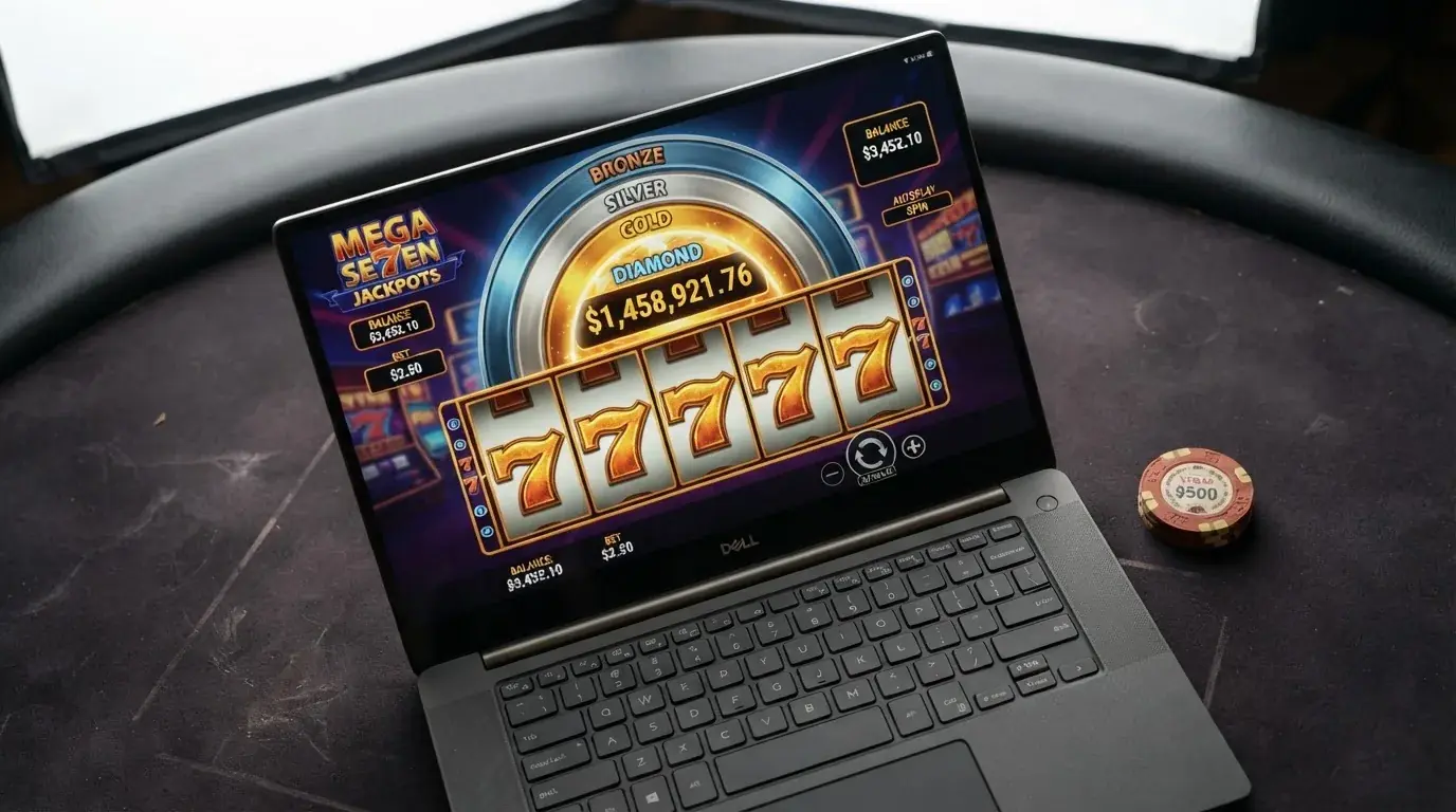 Kołowy wskaźnik jackpota z czterema poziomami nagród na ekranie automatu online, rosnąca pula w tle