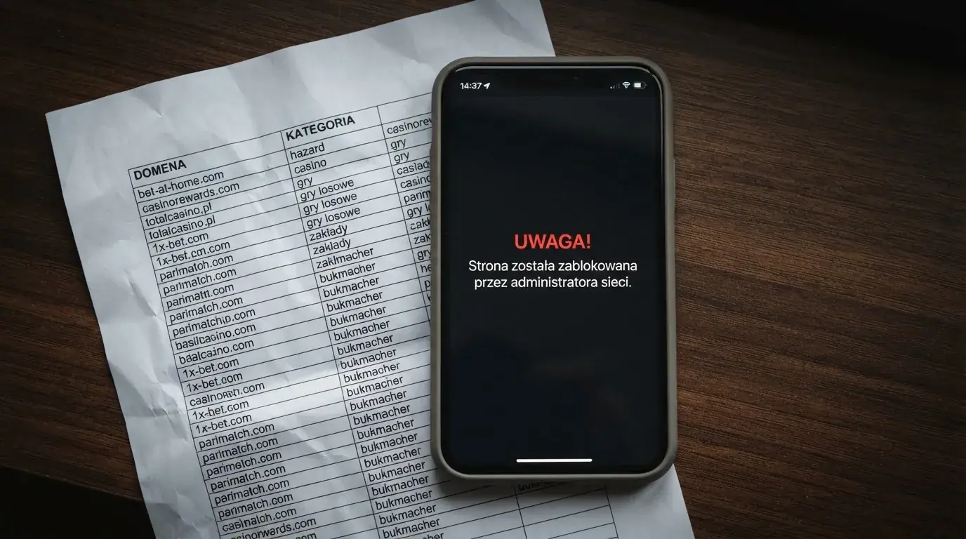 Telefon z komunikatem o odrzuconej płatności na ekranie, obok wydruk tabeli z listą zablokowanych adresów stron