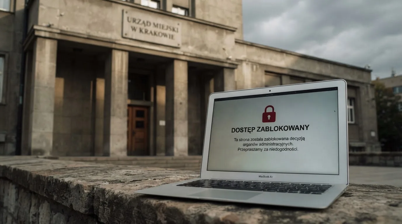 Budynek urzędu z tablicą ministerstwa, na pierwszym planie laptop z komunikatem o zablokowanej stronie kasyna