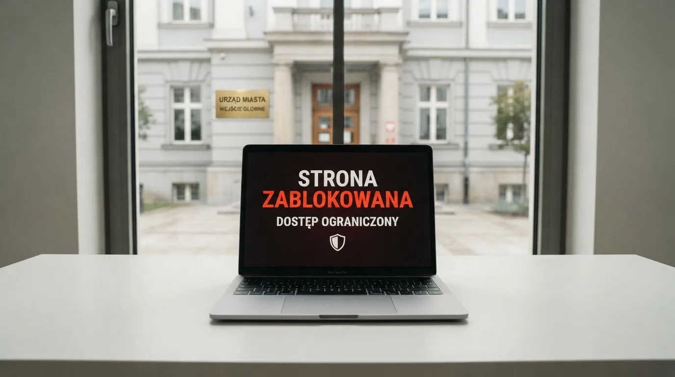 Laptop z komunikatem o zablokowanej stronie hazardowej, w tle budynek urzędu z tablicą ministerstwa