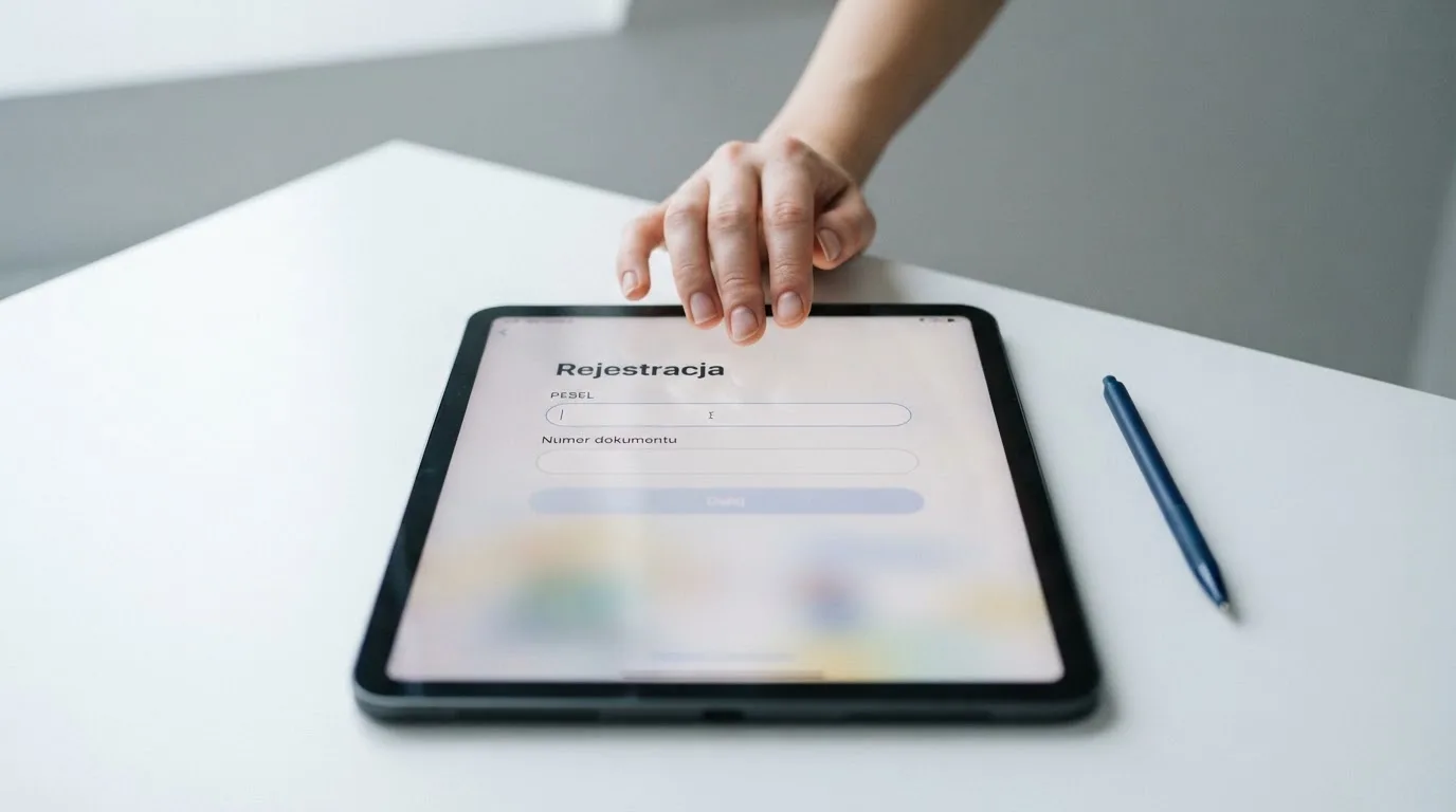 Formularz rejestracji konta gracza z polami na PESEL i numer dokumentu tożsamości na ekranie tabletu