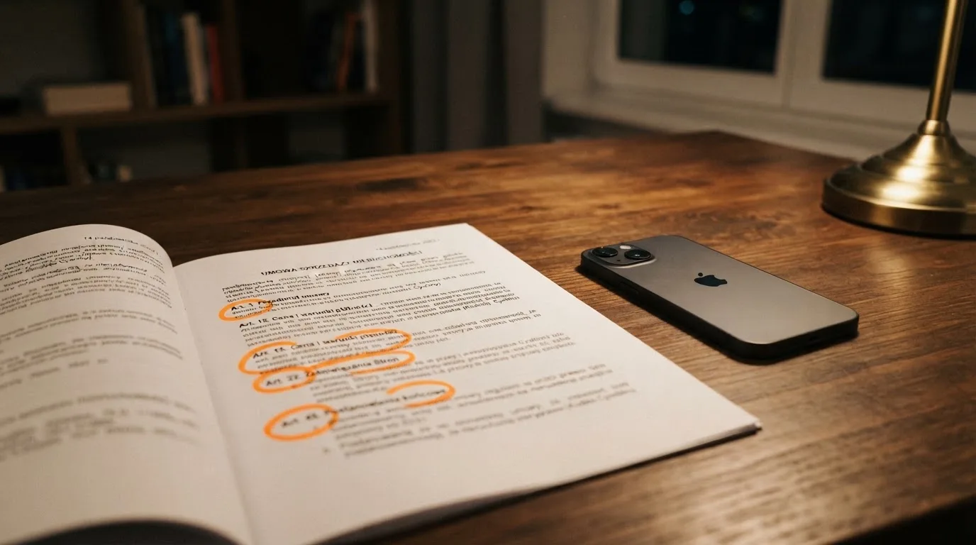 Wydruk ustawy o grach hazardowych z zakreślonymi artykułami leżący na biurku obok wyłączonego smartfona
