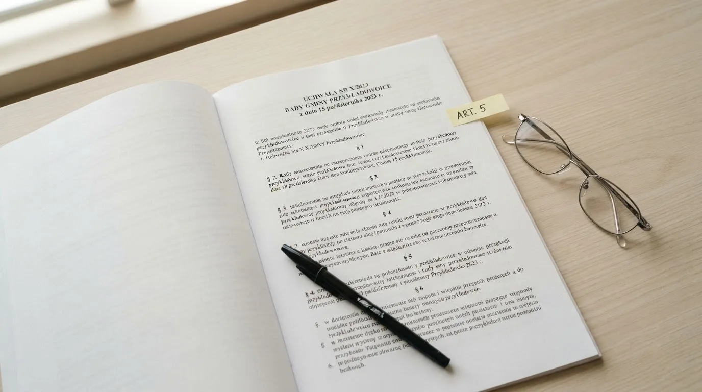 Wydrukowany tekst ustawy o grach hazardowych otwarty na artykule 5, obok okularów i długopisu na biurku