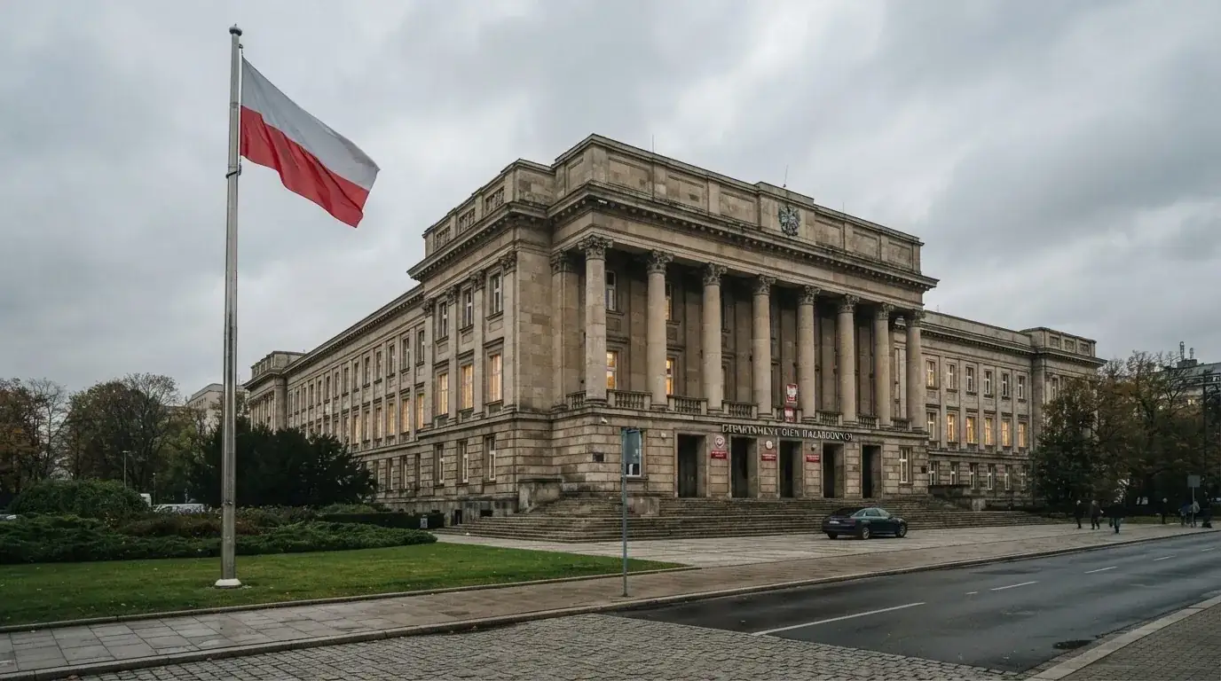 Budynek urzędu administracji państwowej z flagą Polski na maszcie w tle