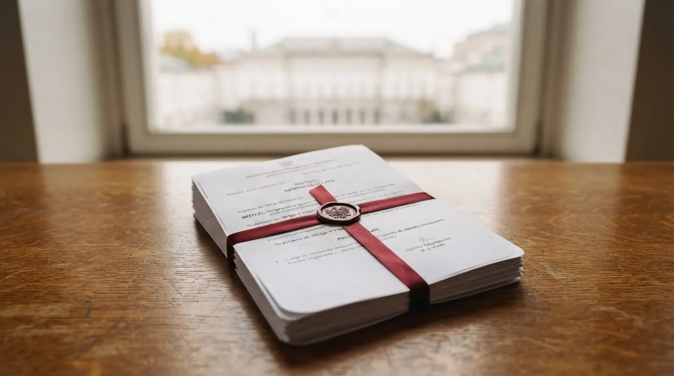 Stos dokumentów urzędowych i pieczęć na biurku, w tle sylwetka budynku administracji publicznej