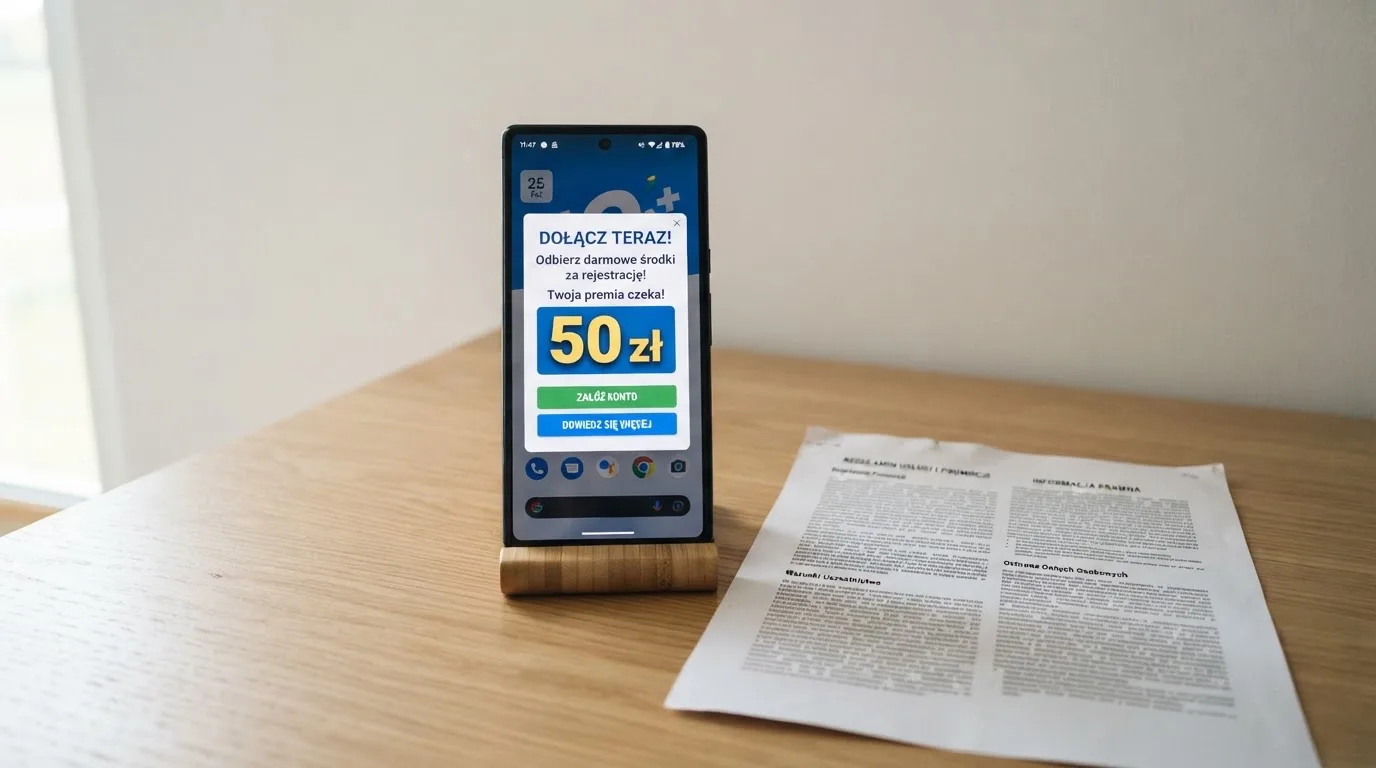 Telefon z wyskakującym banerem obiecującym darmowe złotówki za rejestrację, obok wydruk ustawy o grach hazardowych