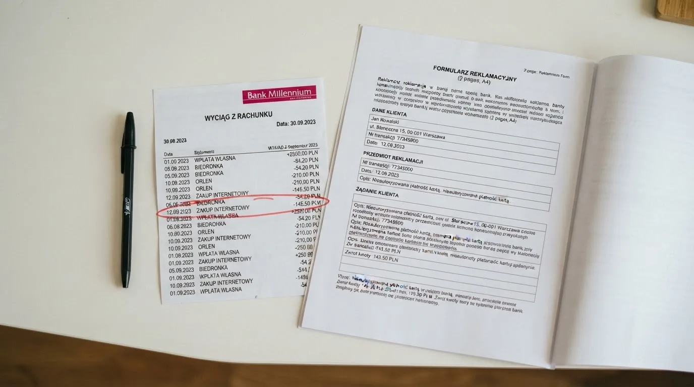 Wydrukowany formularz reklamacji leżący na biurku obok długopisu i wyciągu bankowego z zakreśloną pozycją
