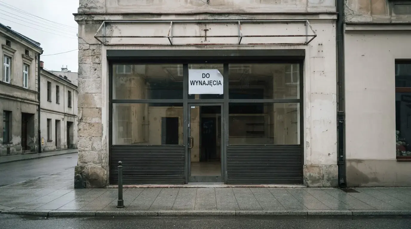 Pusty, zamknięty lokal handlowy z tabliczką „do wynajęcia”, symbolizujący brak działających salonów gry bingo pieniężne