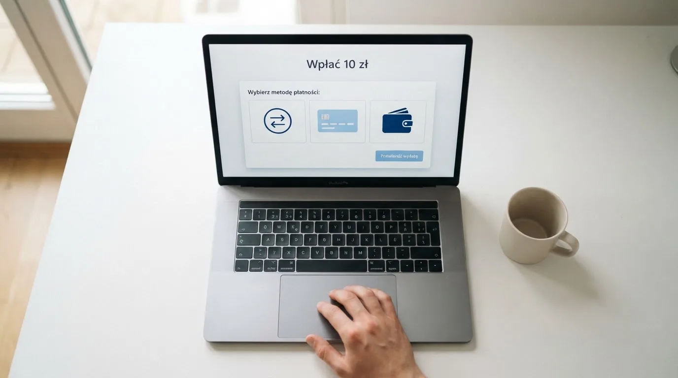 Laptop z otwartym oknem wpłaty na kwotę 10 zł i listą metod: BLIK, karta płatnicza, szybki przelew