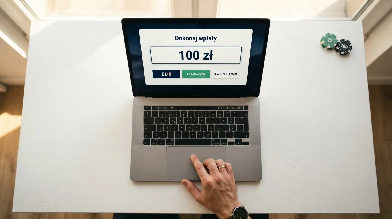 Laptop z oknem wpłaty na ePortfel, wpisana kwota 100 zł i lista metod: BLIK, karta płatnicza, szybki przelew