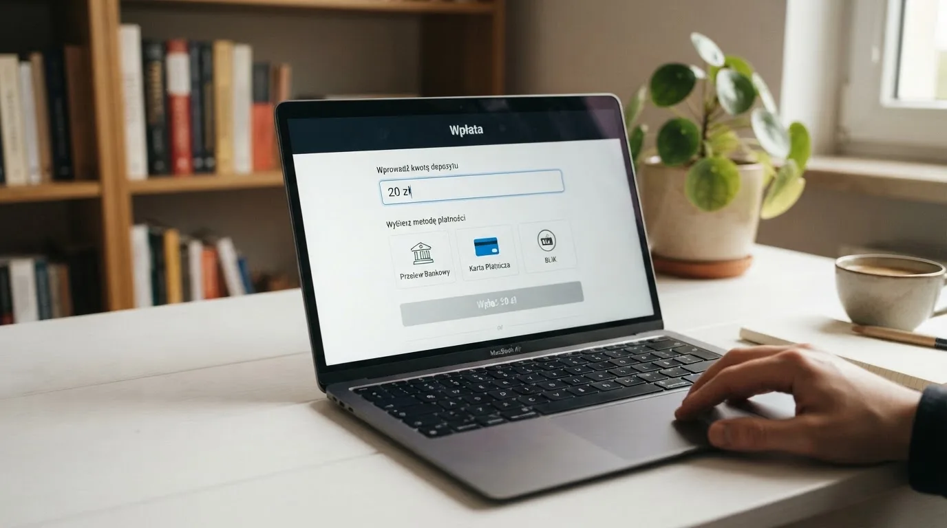 Laptop z otwartym formularzem wpłaty na kwotę 20 zł i wyborem między szybkim przelewem, kartą płatniczą a BLIK-iem